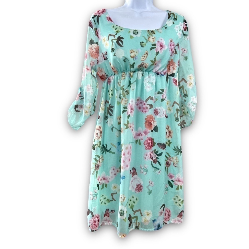 Teal And Multicolored Floral 3/4 Sleeve Sheer Arms Dress Size Medium